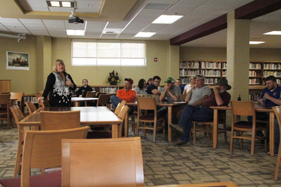 Photo by Greg Bird MCHS Principal Sharon Privett adresses students and parents who had concerns of a rumored shut down of the school’s Agriculture program. Privett assured the group that no program would be cut.